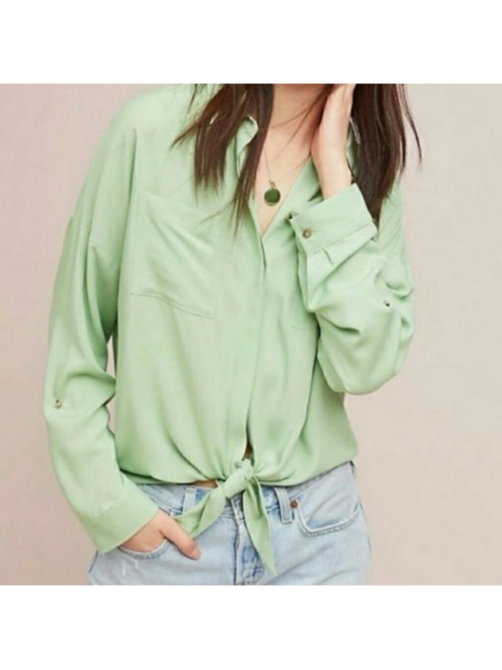 Anthropologie Maeve Sandridge Green Long Sleeve Tie Front Blouse Size Medium